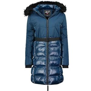 Geographical Norway Dorifore Lady Lange parka voor dames, dik, warm, herfst, winter, dunne jas, capuchon, imitatiebont, winddichte jas, elegante donsjack voor dames (marineblauw, XL), Marineblauw, XL