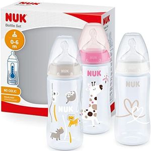 NUK 10225265 First Choice+ babyfles in set, 0-6 maanden, temperatuurcontroleweergave, 300 ml, anti-kolic-ventiel, BPA-vrij, drinkzuiger van siliconen, 3 stuks, roze giraffe