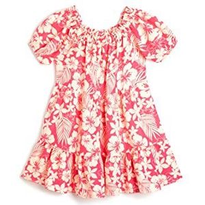 Koton Linnen jurk met bloemenprint en pofmouwen, Roze Design (2d8), 6-7 jaar