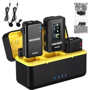 NEEWER CM28 Draadloos Lavalier microfoonsysteem met oplaadetui, 2 microfoonclips, 1 klik ruisonderdrukking, 4 GB geheugen, 9 uur speeltijd, microfoon compatibel met iPhone/Android/PC/camera/iPad