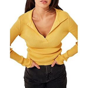 NA-KD Dames Pique kraag gebreid shirt met lange mouwen, Gouden Mosterd, L