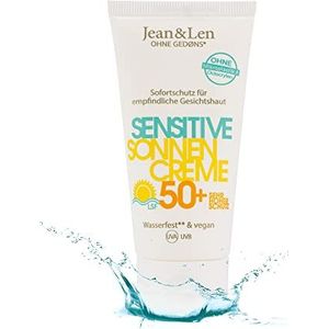 Jean & Len Zonnecrème 50 SPF waterdicht, veganistische zonwering zonder siliconen, parabenen en octocrylene, Zonnecrème gezicht voor mensen met een allergie en gevoelige huid, 50 ml reisformaat