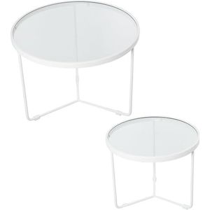 DRW Set van 2 ronde tafels van metaal en glas, in wit en transparant, 60 x 45 en 45 x 38 cm
