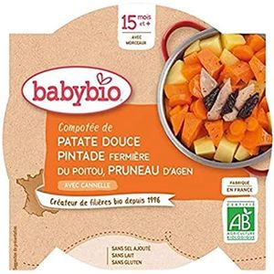 Babybio - Compote bord van zoete aardappel, parelhoenders, boer of Poitou met pruimen, 260 g - 15 maanden