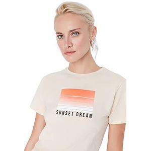 Trendyol Dames getailleerd Basic T-shirt met ronde hals, Beige, S