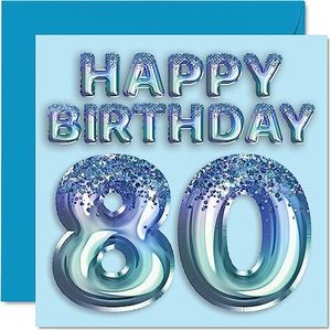 80e verjaardagskaart voor mannen - blauwe glitter feestballon - gelukkige verjaardagskaarten voor 80-jarige man overgrootvader opa papa Gran, 145 mm x 145 mm tachtig tachtig tachtigste verjaardag