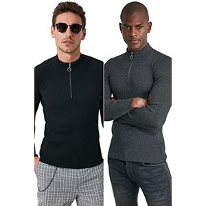 Trendyol Heren Black-Antraciet Slim Fit Half Fisherman Zip Collar 2's Package Pullover Sweater, M