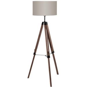 EGLO Driepoot vloerlamp Lantada, vintage woonkamerlamp, staande lamp van hout, staal en textiel in donkerbruin en taupe, met schakelaar, FSC gecertificeerd, E27 fitting