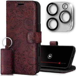 SURAZO Hoes voor mobiele telefoon voor Apple iPhone 16 Pro, van leer, inklapbaar, echt leer, beschermhoes, met kaartenvak, RFID-bescherming, standfunctie, camerabescherming, glas, gebloemd, flip