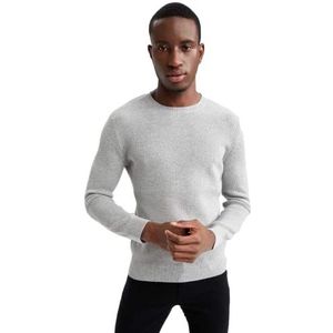 DeFacto Heren gebreide trui met lange mouwen ronde hals sweater - slim fit trui voor heren tops (Grey Melange, L), gemengd grijs, L
