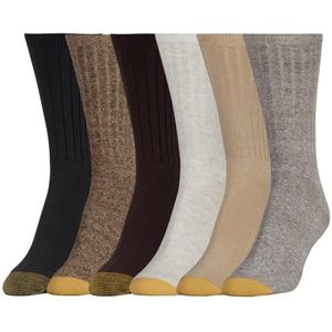 GOLDTOE womens Casual Ribbed Crew Socks, 6 Pairs Socks, Bark/Khaki/Oatmeal Assorted, Large US