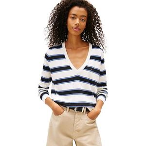 Tommy Jeans Dames TJW Essential V-hals trui EXT DW0DW19888 Pullover Sweater, zwart (zwart/Multi Stripe), L, Zwart (Zwart/Multi Streep), L