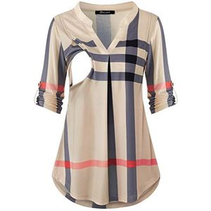 Quinee borstvoedingstops voor borstvoeding, 3/4 borstvoedingsshirts met opgerolde mouwen voor vrouwen, Beige Plaid, S