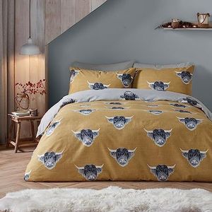 Fusion Snug - Highland Cow - Geborsteld Dekbedovertrek Set - Super-King Bed Maat in Oker