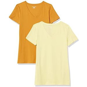 Amazon Essentials Women's T-shirt met korte mouwen en V-hals in klassieke pasvorm, Pack of 2, Goudgeel/Lichtgeel, L