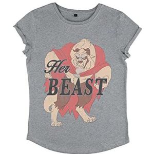 Disney Women's Beauty & The Her Beast Organic Roll Sleeve T-Shirt, Melange Grey, L, grijs (melange grey), L