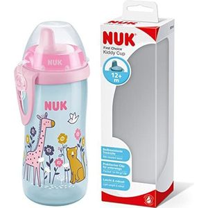 NUK 10255669 First Choice Kiddy Cup leren drinkbeker 12+ maanden lekvrij bijtbestendige drinkbek Clip & beschermkap 300 ml BPA-vrij -1 stuk (1er Pack) giraffe (roze)