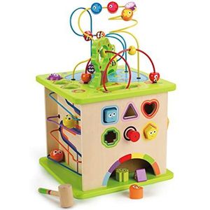 Hape Country Critters Play Cube, Wooden Learning Puzzle Toy for Toddlers, 5-Sided Activity Centre with Animal Friends, Shapes, Mazes, Wooden Balls, Shape Sorter Blocks and More