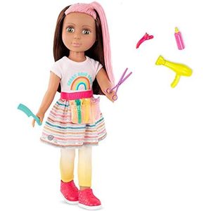 Glitter Girls Lara Deluxe pop kapper, beweegbare 36 cm pop met kappersaccessoires, poppenkleding, accessoires en rozebruin lang haar om te kappen, speelgoed vanaf 3 jaar, 14 stuks