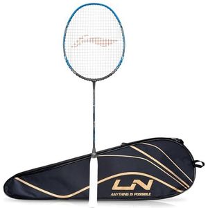 Li-Ning 3D Calibar X Combat Carbon Graphite Badminton Gespannen Racquet ( 85 Gram, 30 LB String Spanning) en Volledige dekking (Houtskool/Blauw)