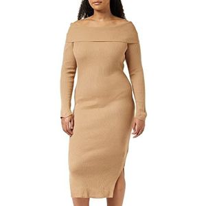 TRENDYOL Damesjurk, grote maten, midi-bodycon, nauwsluitend, plus-size jurk, kameel, M