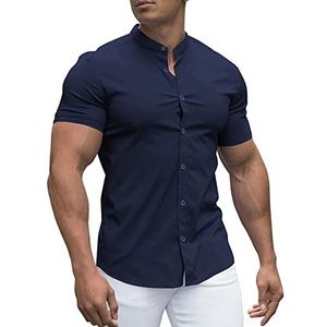 URRU Spierhemd voor heren, regular fit, stretch, opstaande kraag, korte mouwen, casual, buttondown overhemden, Donkerblauw, XL