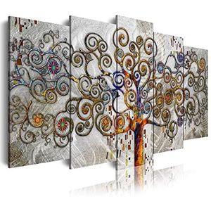 DekoArte 477 - Moderne foto's, digitale print, decoratief canvas voor woonkamer of slaapkamer, stijl abstracties, levensboom Gustav Klimt, zilver, 5 stuks, 150 x 80 cm