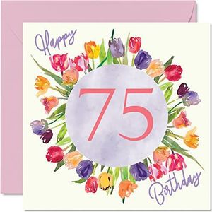 Mooie 75e verjaardagskaarten voor vrouwen - Aquarel Tulpen Bloemen Boeket - Gelukkige Verjaardagskaart voor haar oma Nanny Gran Mama Verjaardagscadeaus, 145 mm x 145 mm Mooie bloemenwenskaarten cadeau