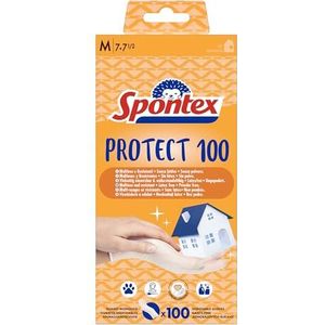 Spontex Protect wegwerphandschoenen van vinyl, ongepoederd en latexvrij, veelzijdig inzetbaar, in praktische dispenserdoos, maat M, verpakking van 100 stuks