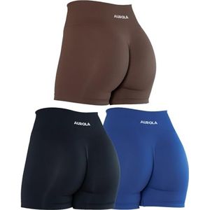 AUROLA Dream Collection Dames Workout Shorts Hoge Taille Gym Shorts, Scrunch Butt Naadloze Atletische Shorts, Pack (Donker Zwart/Surf op het Web/Java Coffee), M