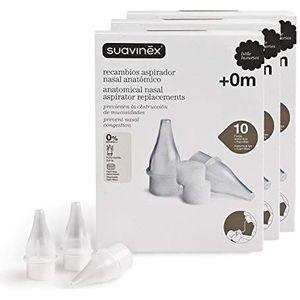 SUAVINEX 307652 3 x 10 vervangende neuszuiger voor baby's + 0 maanden, 10 zachte tips + 10 wegwerpsponzen, 0% BPA, wit, 30 stuks