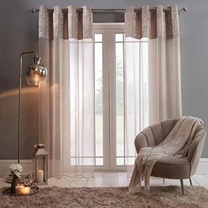 Sienna Raambehandeling-draperies, voile-net van 100% polyester met fluwelen plaat, Natural Cream Champagne, 140 cm breed x 21 cm Drop SCNECVPNA58