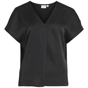 Vila Dames Viellette V-hals S/S Satin Top Noos blouse met korte mouwen, zwart, 40