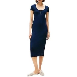 TOMMY HILFIGER Dames Slim Henley Gold BTN Jurk WW0WW43864, Blauw (Donker Nacht Marine), XS
