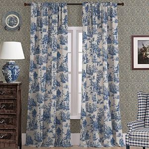Blauwe Toile raamgordijnen gordijnen voor woonkamer 213 cm lengte 2 panelen set lang puur katoen textuur Franse land bloemen vintage Victoriaanse semi-verduisterende boerderij verduistering gordijn