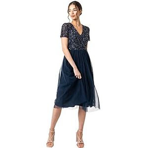 Maya Deluxe Dames Verfraaide Midi Avondjurk Dames V-hals met Korte Mouw voor Prom Bruiloft Bruidsmeisje, marineblauw, 36