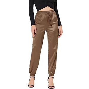 Allegra K Women's Satin Pants Tie Elastic High Waist Shiny Silky Dressy Satin Cargo Joggers Small Tan