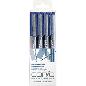 Copic Multiliner Set Kobalt, 4 pennen in 4 verschillende lijndikten, tekenpennen met water- en alcoholbestendige pigmentinkt, voor schetsen, illustraties en contouren