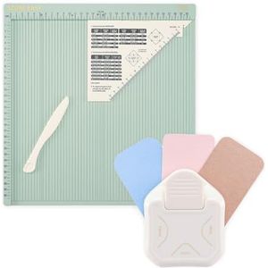 Vaessen Creative AMZBUN-0007 Knutselset vouwbord Score Easy 30,5 x 30,5 cm en 3-in-1 hoekpons 4, 7, 10 mm, ideaal voor het knutselen, geschenkdozen, scrapbooking accessoires, mint-wit, verschillende