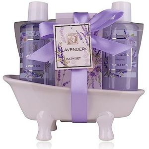 Accentra - doucheset dames cadeauset LAVENDEL in een mooie keramieken badkuip - 3-delige verzorgingsset met douchegel, bubbelbad & badzout - wellness cadeauset voor verjaardagen, Valentijnsdag & Kerst