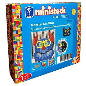 Ministeck 36802 - Mozaïek afbeelding Glow in the Dark Monster Mr. Blue, ca. 13 x 13 cm groot wasbord met ca. 380 kleurrijke steentjes, knijpplezier voor kinderen vanaf 4 jaar.