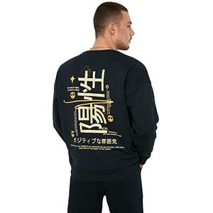 Trendyol Heren Navy Blue Male Oversize Long Sleeve Bike Collar Printing Sweatshirt, XS