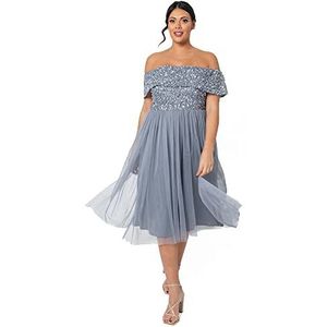 Maya Deluxe Dames Bardot - midi-jurk met versieringen bruidsmeisjesjurk, blauw, 52 NL