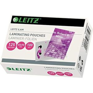 Leitz Hete lamineerfolie 60 x 90 mm, ideaal voor het lamineren van visitekaartjes, glanzend, transparant, foliedikte 125 mic, premium kwaliteit, 73690002, A6