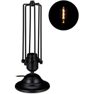 Relaxdays tafellamp industrieel, smal nachtlampje van metaal, vintage design, E27 fitting, 33 x 13 cm, zwart