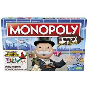 Monopoly In wereldreis bordspel voor gezinnen en kinderen vanaf 8 jaar, met stempelfiguren en uitwisbaar scorebord