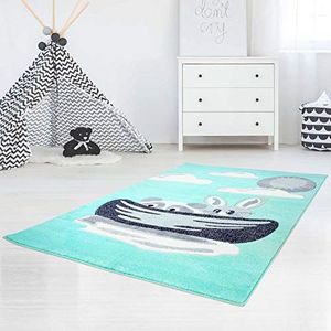 Carpet City Kindertapijt Bueno met dieren haas wasbeer in mint turquoise met contour cut voor kinderkamer Maat: 80x150 cm, 80 cm x 150 cm