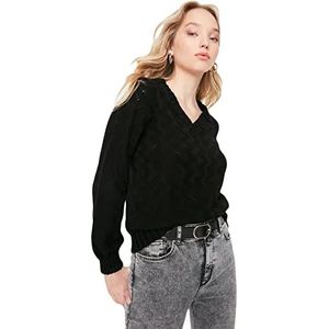 Trendyol Dames sweatshirt met V-hals, effen getailleerde trui, zwart, M, Zwart, M