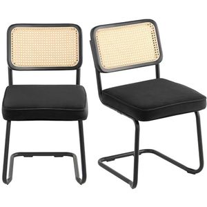 VEVOR Rotan stoelen, set van 2, moderne eetkamerstoelen uit het midden van de eeuw, gestoffeerde fluwelen bijzetstoel met rotan rugleuning, retrostoel voor woonkamer, slaapkamer, kantoor, zwart