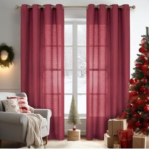 Melodieux Bordeaux semi-transparante gordijnen 213 cm lang voor kleine ramen woonkamer slaapkamer linnen look rustieke tule voile gordijnen, 116 x 213 cm (2 panelen)..